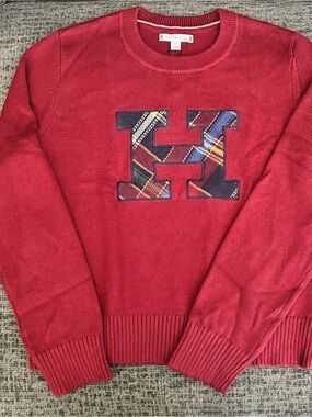 Tommy Hilfiger Burgundy Knit Crewneck Sweater with Plaid Patch